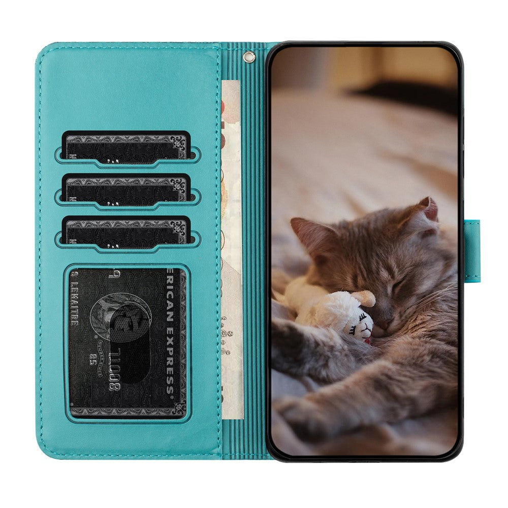 For Samsung Galaxy A57 5G Case with Wrist Strap Leather Phone Cover Wall Cats Pattern - Blue