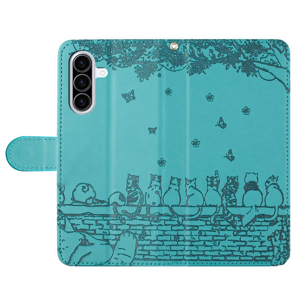 For Samsung Galaxy A57 5G Case with Wrist Strap Leather Phone Cover Wall Cats Pattern - Blue