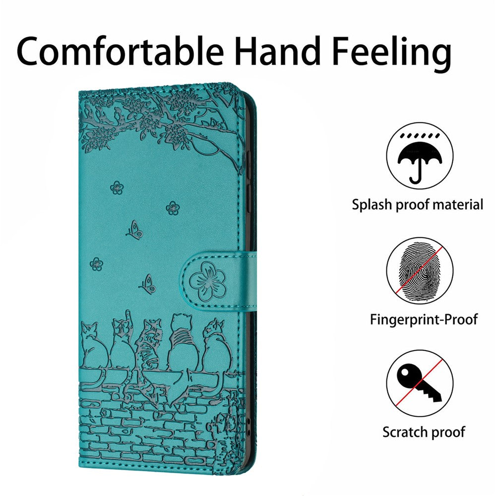 For Samsung Galaxy A57 5G Case with Wrist Strap Leather Phone Cover Wall Cats Pattern - Blue