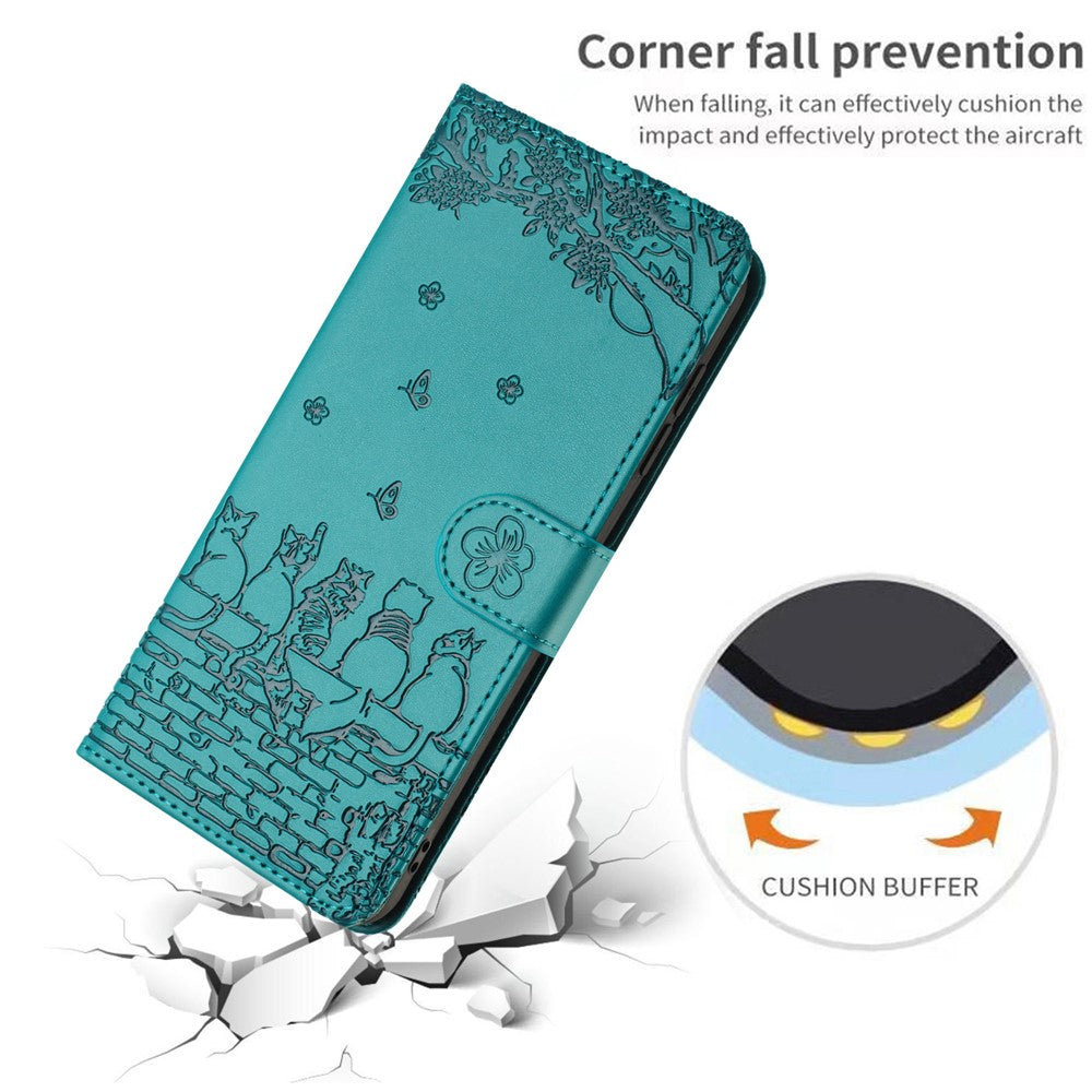 For Samsung Galaxy A57 5G Case with Wrist Strap Leather Phone Cover Wall Cats Pattern - Blue