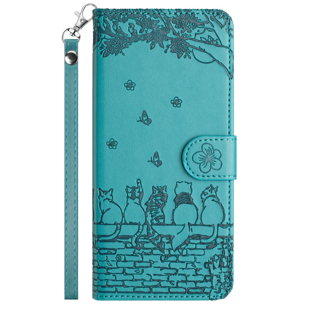For Samsung Galaxy A57 5G Case with Wrist Strap Leather Phone Cover Wall Cats Pattern - Blue