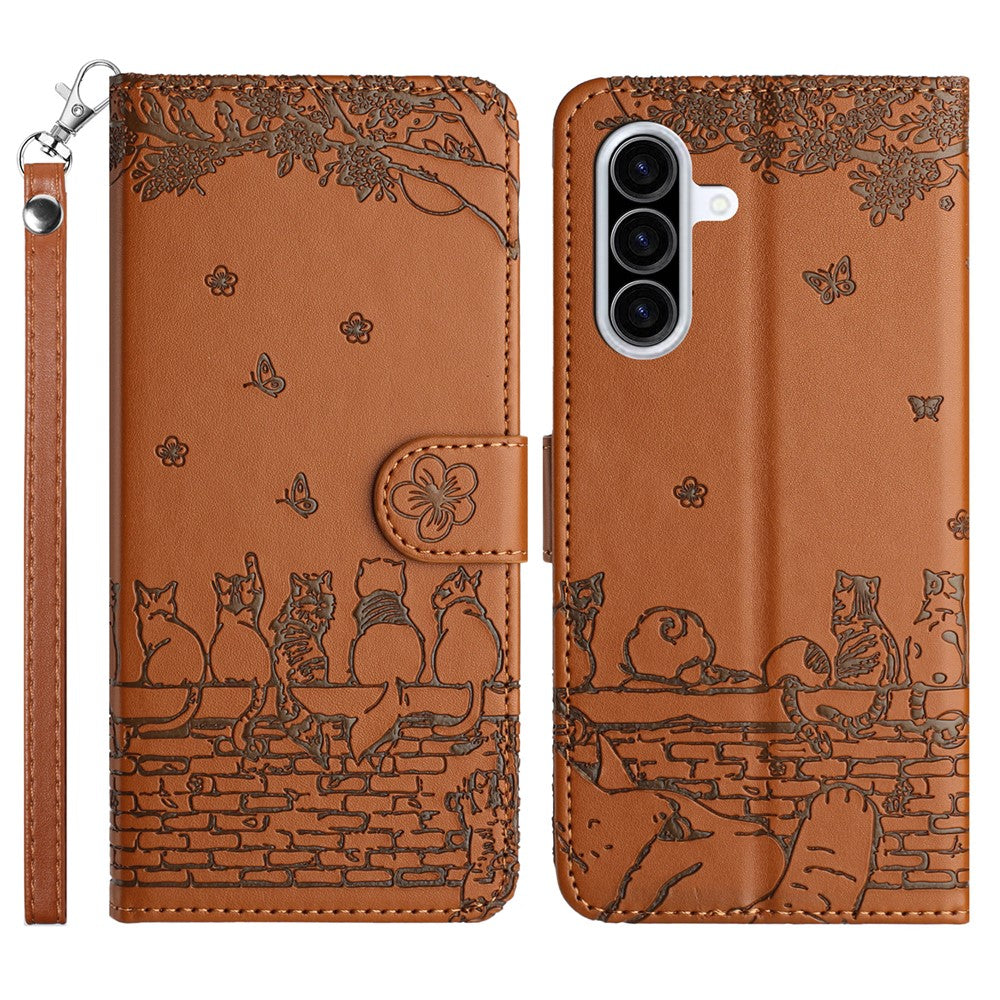 For Samsung Galaxy A57 5G Case with Wrist Strap Leather Phone Cover Wall Cats Pattern - Brown