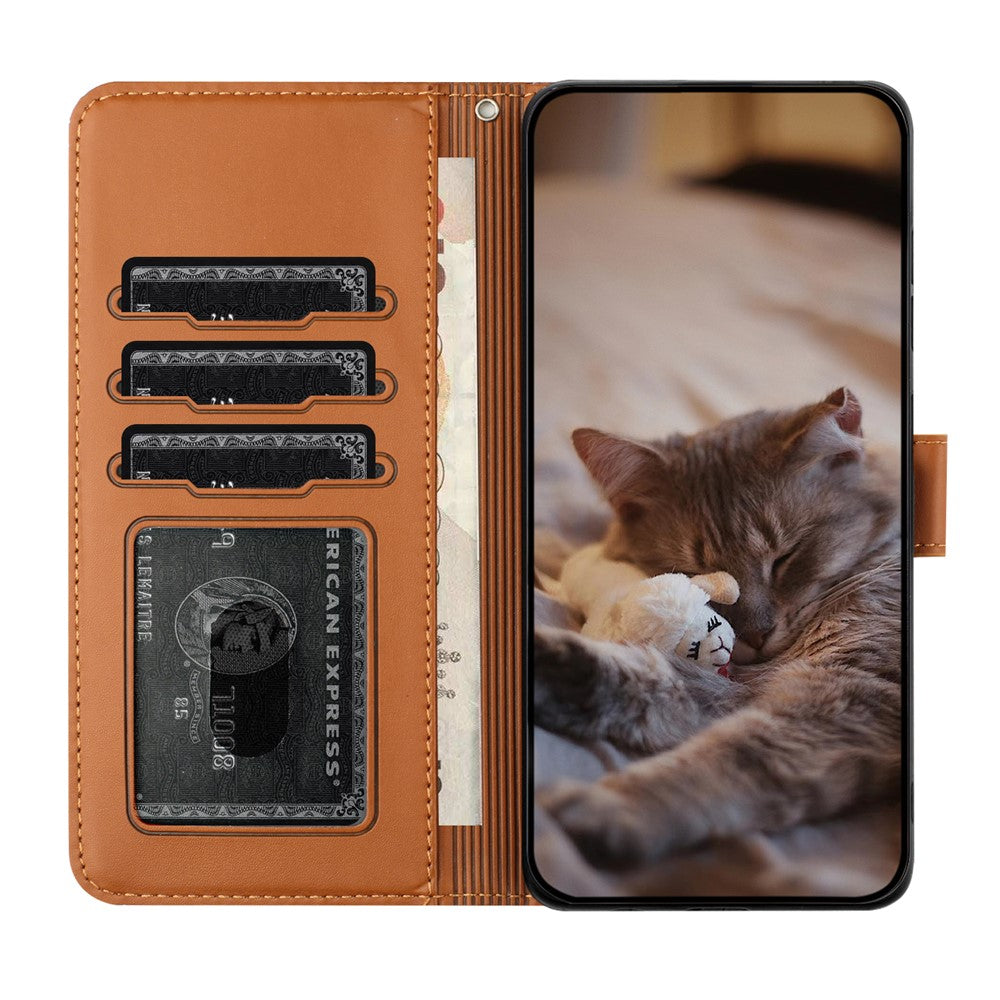 For Samsung Galaxy A57 5G Case with Wrist Strap Leather Phone Cover Wall Cats Pattern - Brown