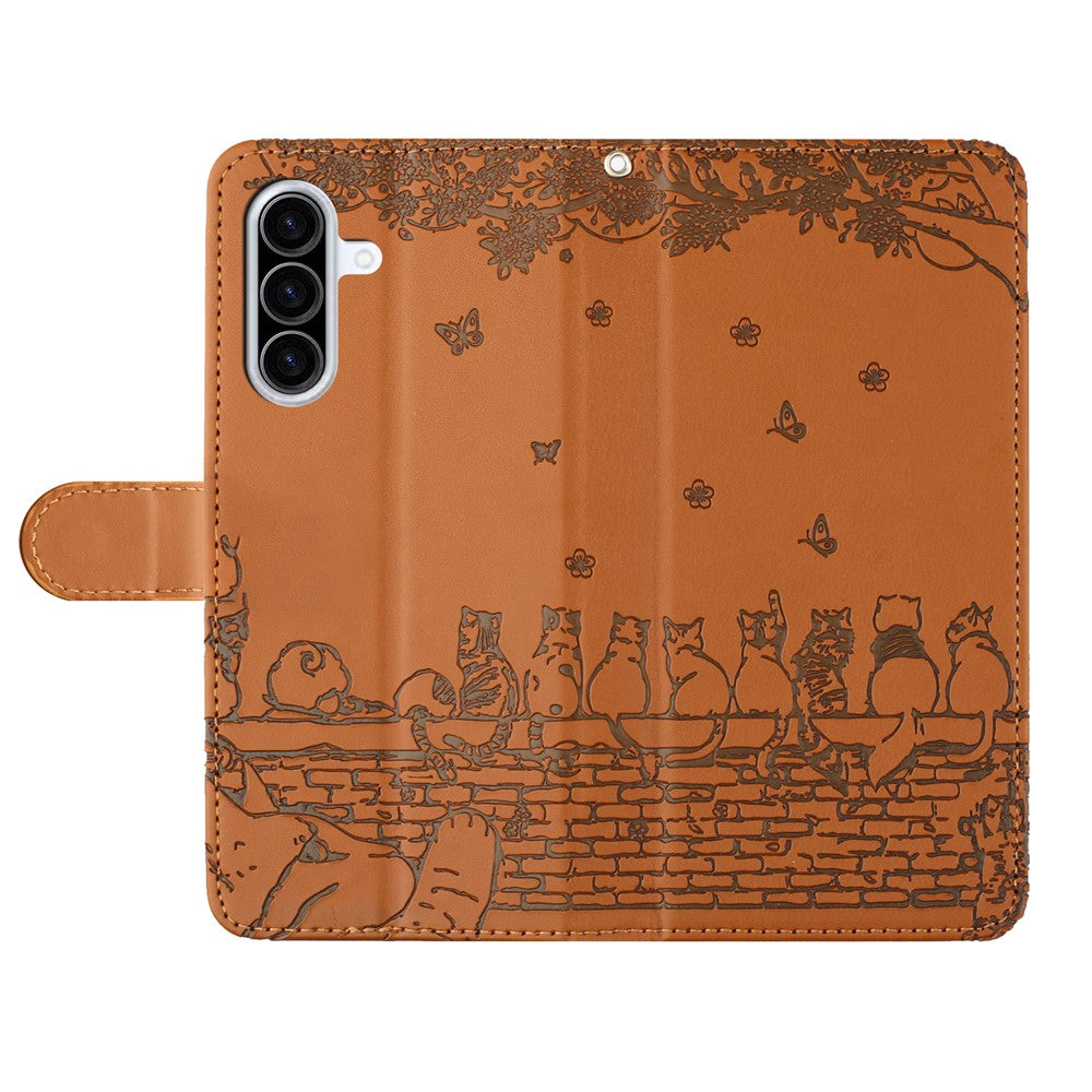 For Samsung Galaxy A57 5G Case with Wrist Strap Leather Phone Cover Wall Cats Pattern - Brown