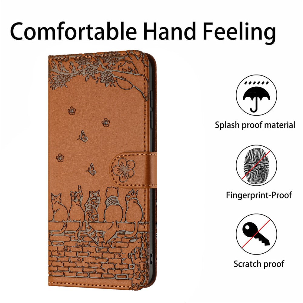 For Samsung Galaxy A57 5G Case with Wrist Strap Leather Phone Cover Wall Cats Pattern - Brown