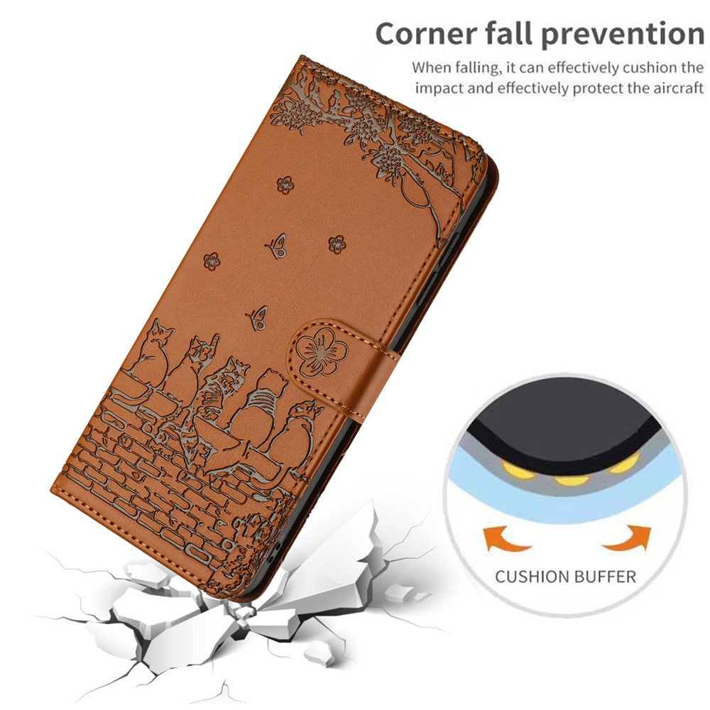 For Samsung Galaxy A57 5G Case with Wrist Strap Leather Phone Cover Wall Cats Pattern - Brown