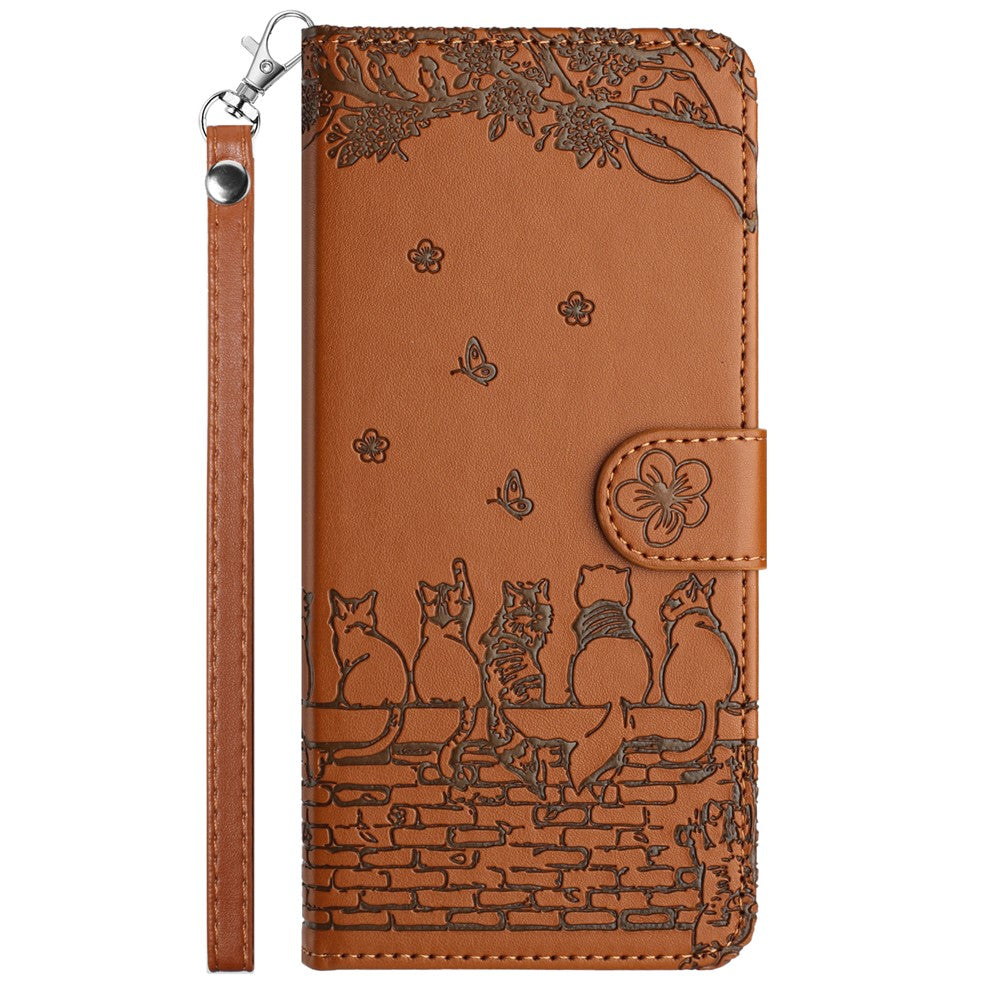 For Samsung Galaxy A57 5G Case with Wrist Strap Leather Phone Cover Wall Cats Pattern - Brown