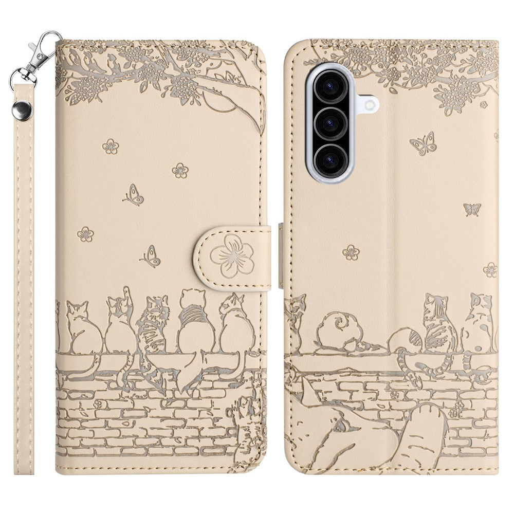 For Samsung Galaxy A57 5G Case with Wrist Strap Leather Phone Cover Wall Cats Pattern - Apricot