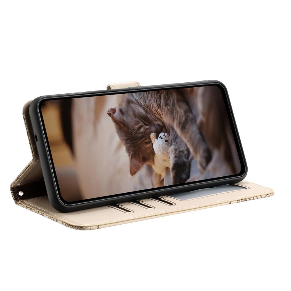 For Samsung Galaxy A57 5G Case with Wrist Strap Leather Phone Cover Wall Cats Pattern - Apricot