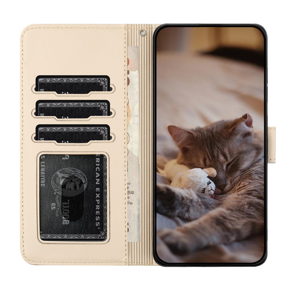 For Samsung Galaxy A57 5G Case with Wrist Strap Leather Phone Cover Wall Cats Pattern - Apricot