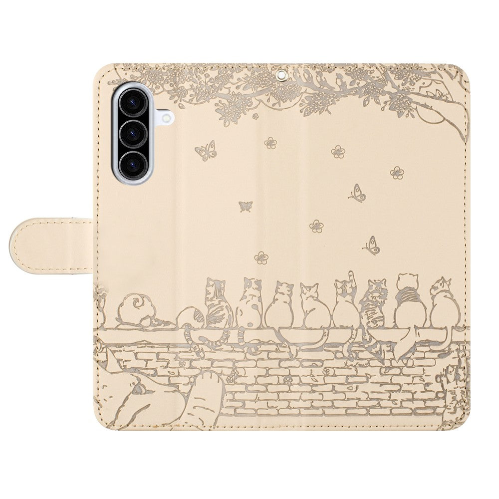 For Samsung Galaxy A57 5G Case with Wrist Strap Leather Phone Cover Wall Cats Pattern - Apricot