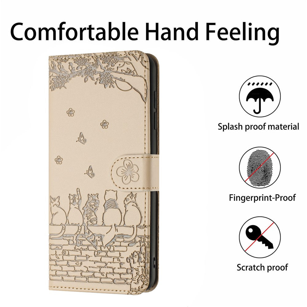 For Samsung Galaxy A57 5G Case with Wrist Strap Leather Phone Cover Wall Cats Pattern - Apricot