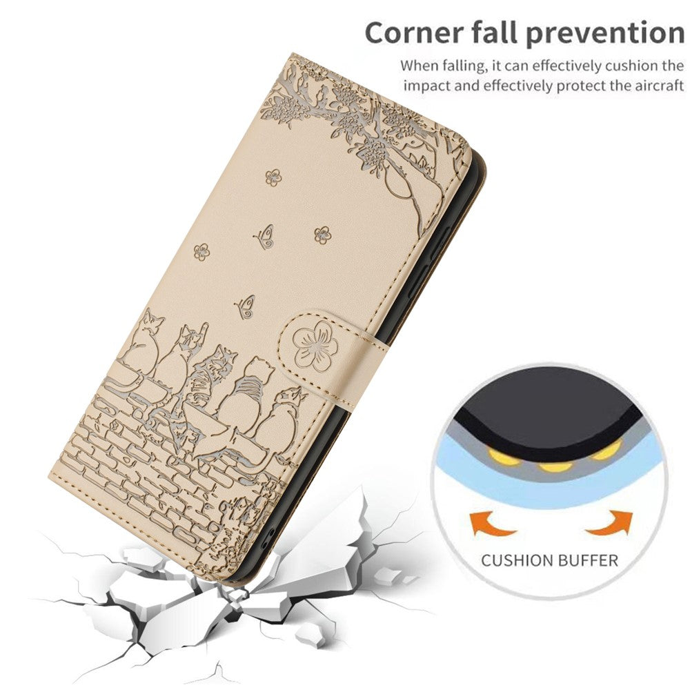 For Samsung Galaxy A57 5G Case with Wrist Strap Leather Phone Cover Wall Cats Pattern - Apricot