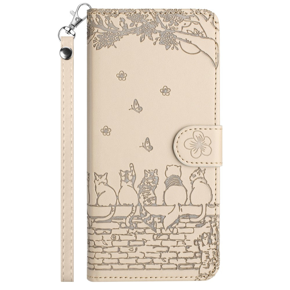 For Samsung Galaxy A57 5G Case with Wrist Strap Leather Phone Cover Wall Cats Pattern - Apricot