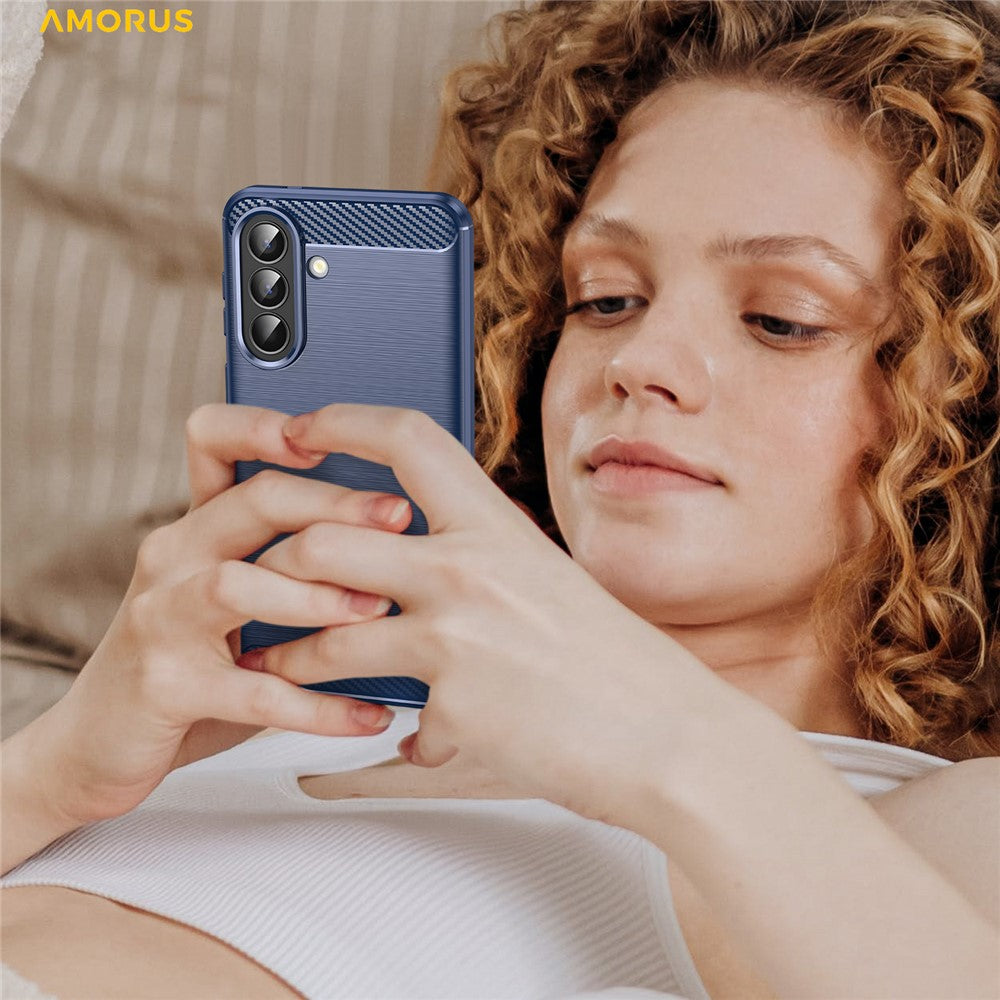 AMORUS For Samsung Galaxy A57 5G Case Carbon Fiber Texture Brushed Protective Phone Cover - Blue