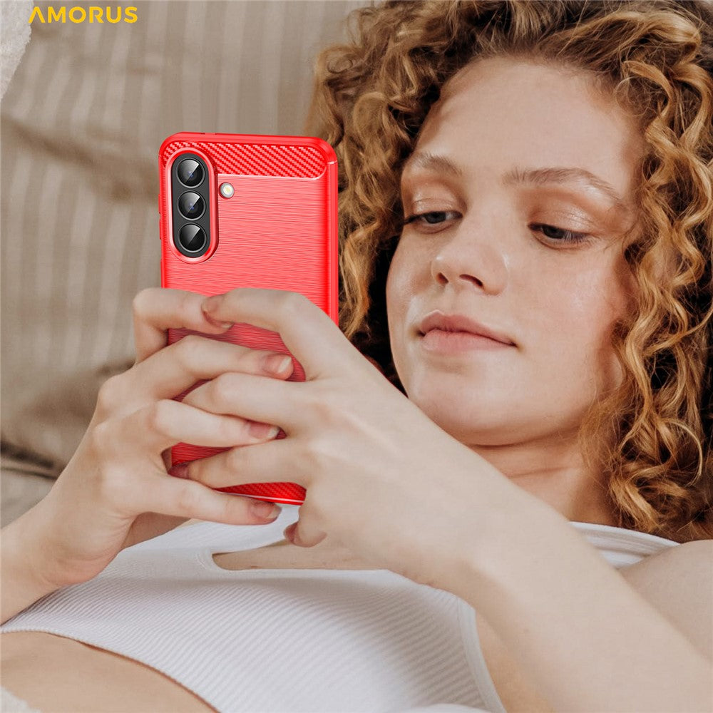 AMORUS For Samsung Galaxy A57 5G Case Carbon Fiber Texture Brushed Protective Phone Cover - Red