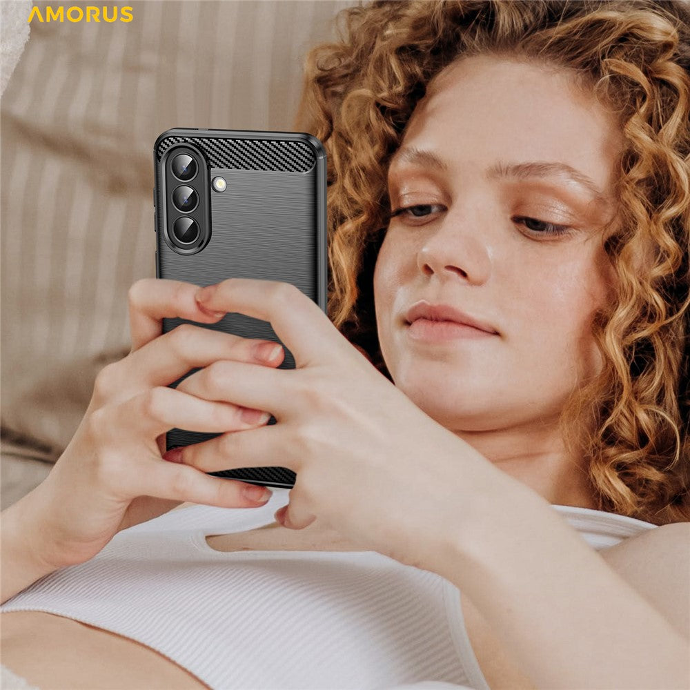 AMORUS For Samsung Galaxy A57 5G Case Carbon Fiber Texture Brushed Protective Phone Cover - Black