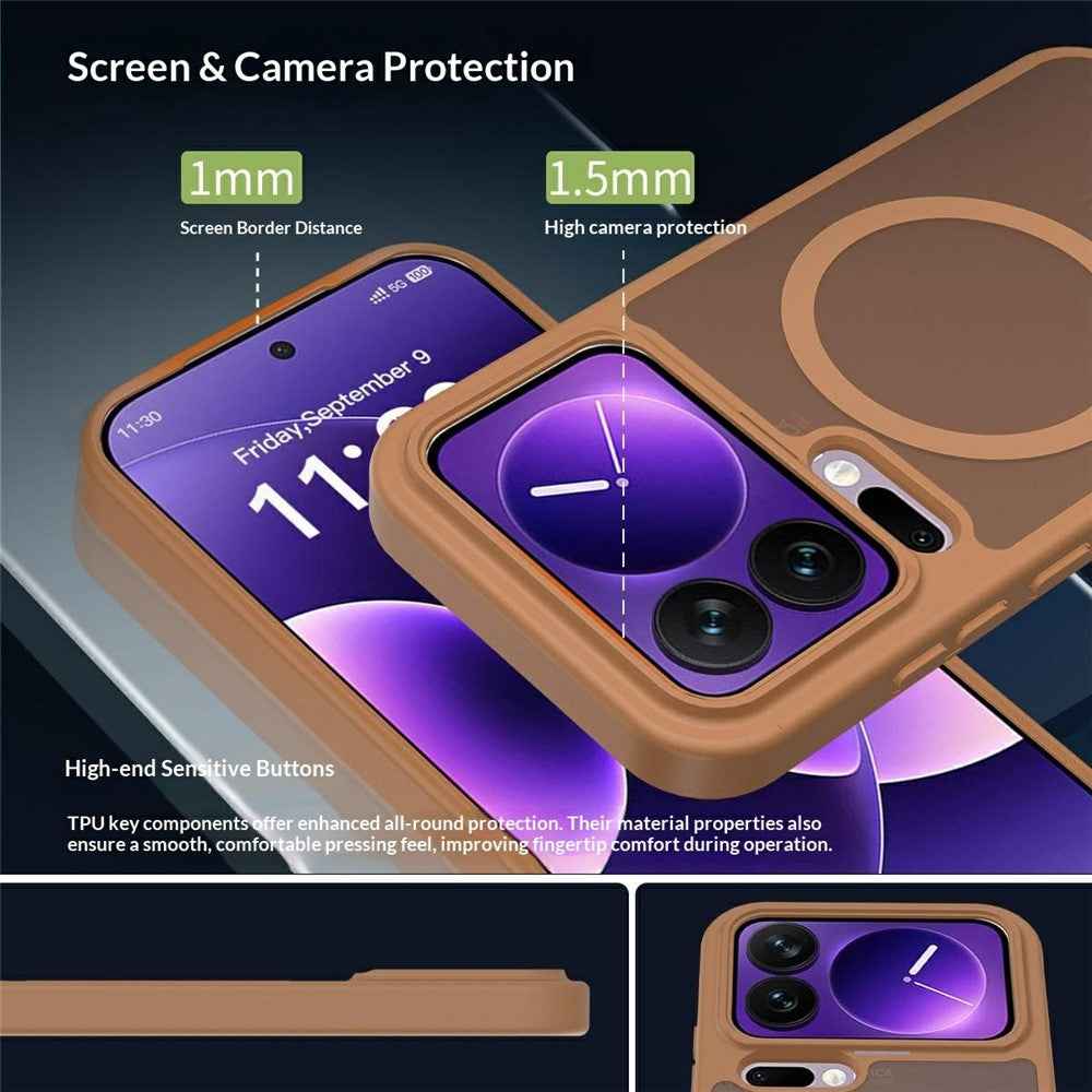 For Xiaomi 17 Pro Magnetic Phone Case Matte Finish TPU PC Shockproof Phone Cover with Tempered Glass - Coffee
