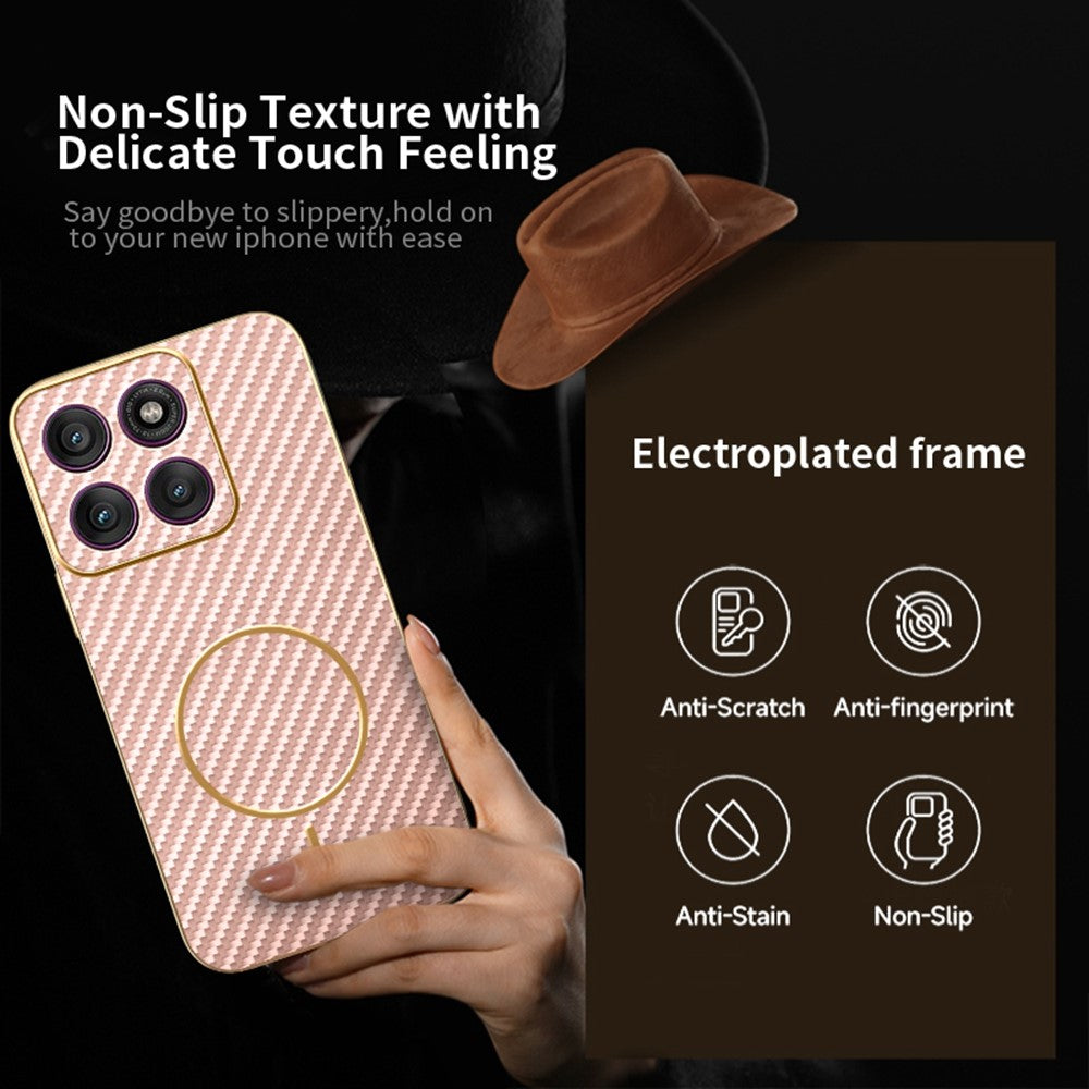 For Motorola Edge 70 5G Case Carbon Fiber Textured Electroplated TPU Phone Back Cover - Pink