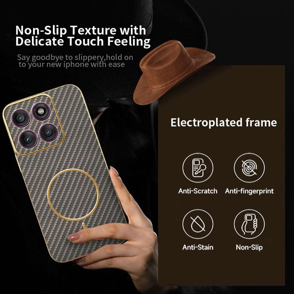 For Motorola Edge 70 5G Case Carbon Fiber Textured Electroplated TPU Phone Back Cover - Coffee