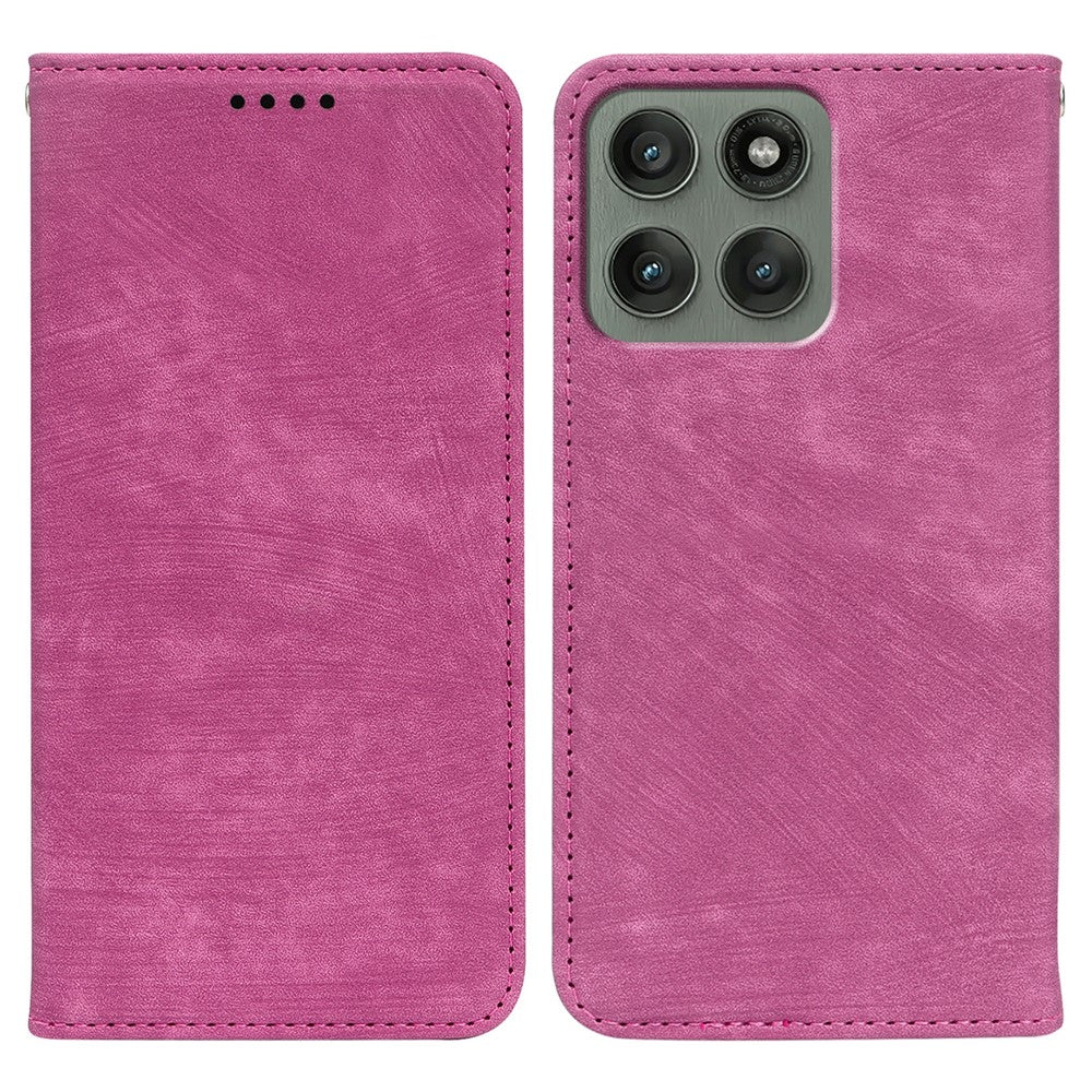 For Motorola Edge 70 5G Case Strong Magnetic Leather Wallet Phone Cover with Striped Texture - Rose