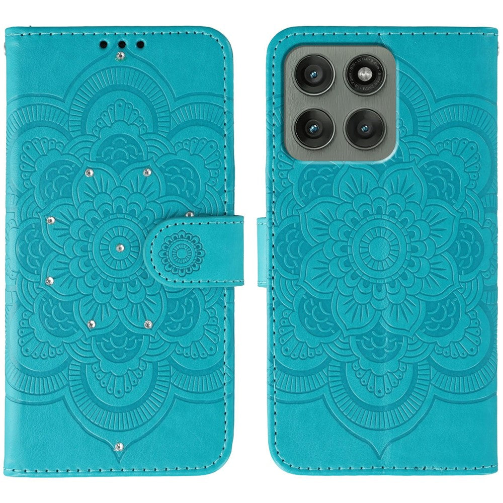 For Motorola Edge 70 5G Case Rhinestone Decor PU Leather Mandala Imprint Phone Cover with Wrist Strap - Blue
