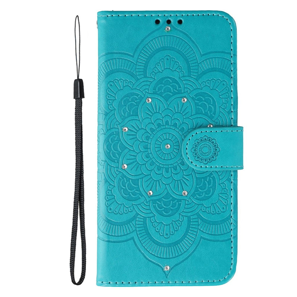 For Motorola Edge 70 5G Case Rhinestone Decor PU Leather Mandala Imprint Phone Cover with Wrist Strap - Blue