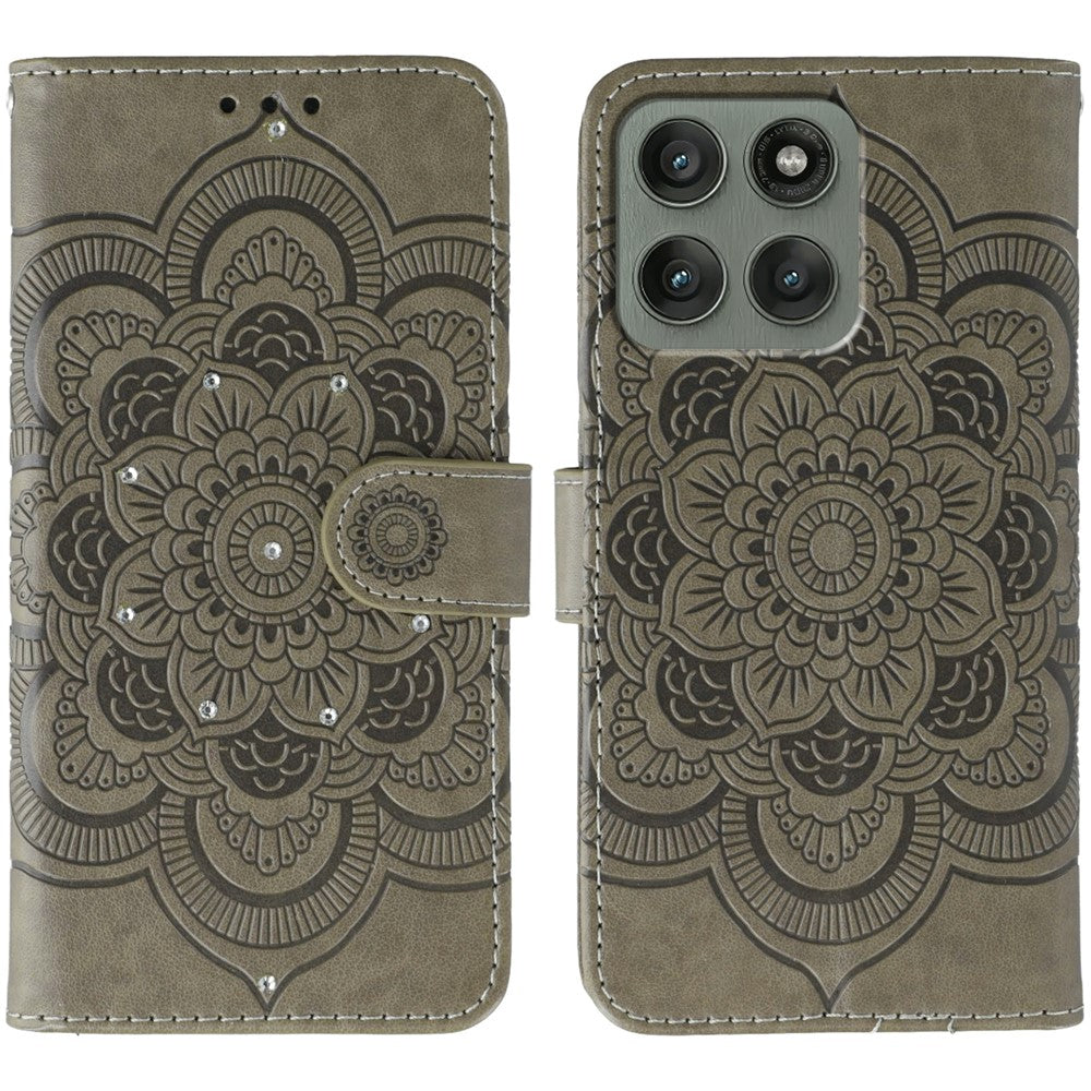 For Motorola Edge 70 5G Case Rhinestone Decor PU Leather Mandala Imprint Phone Cover with Wrist Strap - Grey