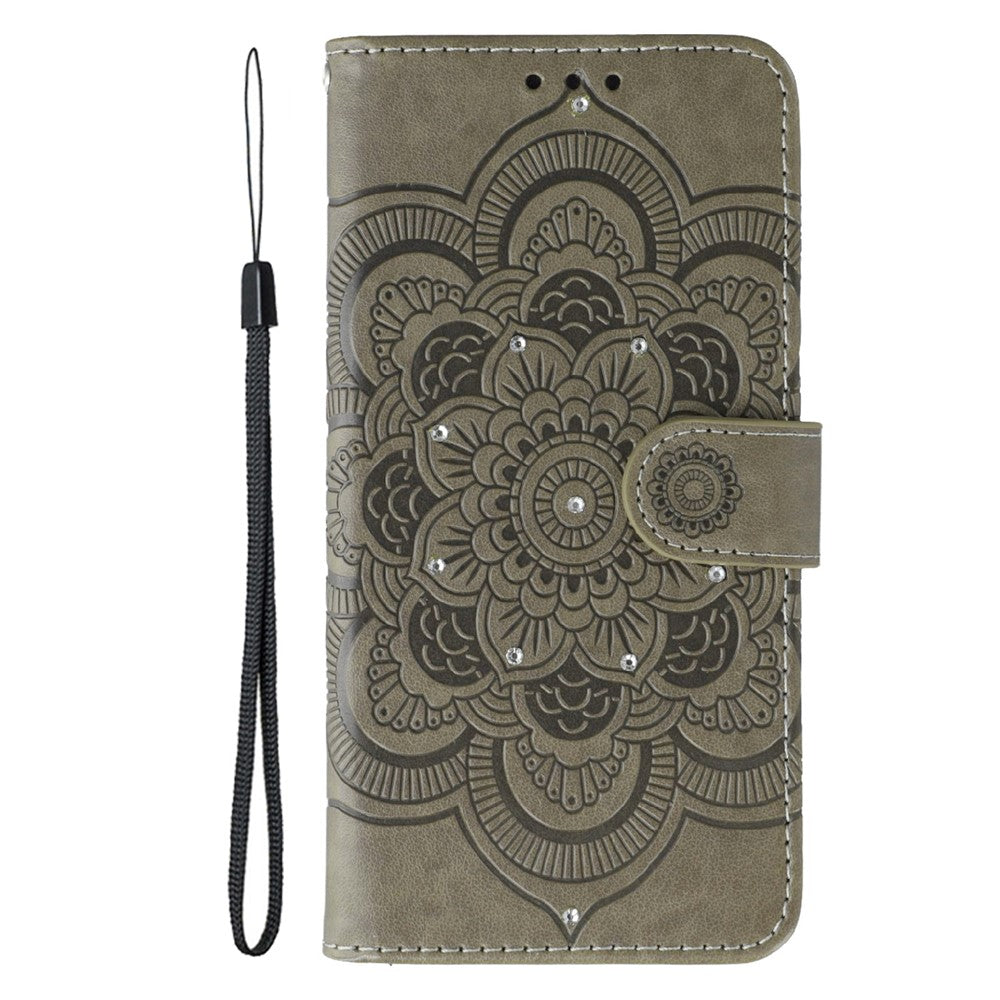 For Motorola Edge 70 5G Case Rhinestone Decor PU Leather Mandala Imprint Phone Cover with Wrist Strap - Grey