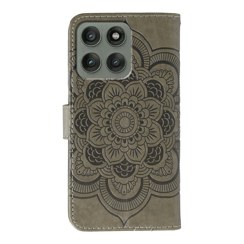 For Motorola Edge 70 5G Case Rhinestone Decor PU Leather Mandala Imprint Phone Cover with Wrist Strap - Grey