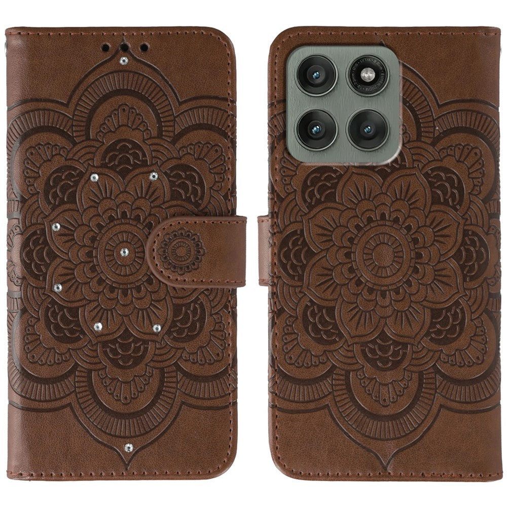 For Motorola Edge 70 5G Case Rhinestone Decor PU Leather Mandala Imprint Phone Cover with Wrist Strap - Brown