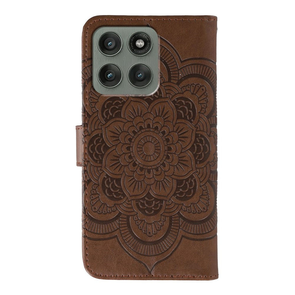 For Motorola Edge 70 5G Case Rhinestone Decor PU Leather Mandala Imprint Phone Cover with Wrist Strap - Brown