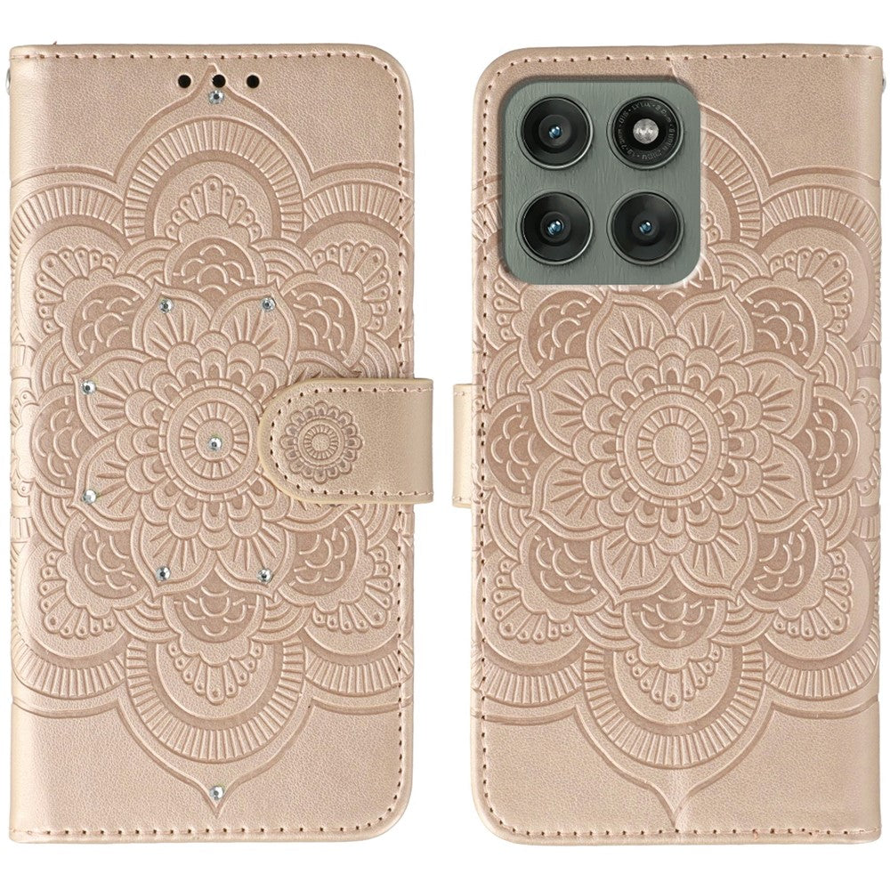 For Motorola Edge 70 5G Case Rhinestone Decor PU Leather Mandala Imprint Phone Cover with Wrist Strap - Rose Gold