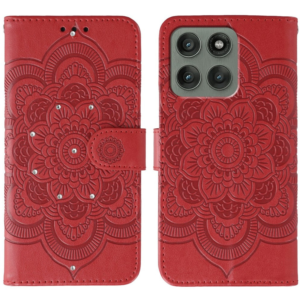 For Motorola Edge 70 5G Case Rhinestone Decor PU Leather Mandala Imprint Phone Cover with Wrist Strap - Red