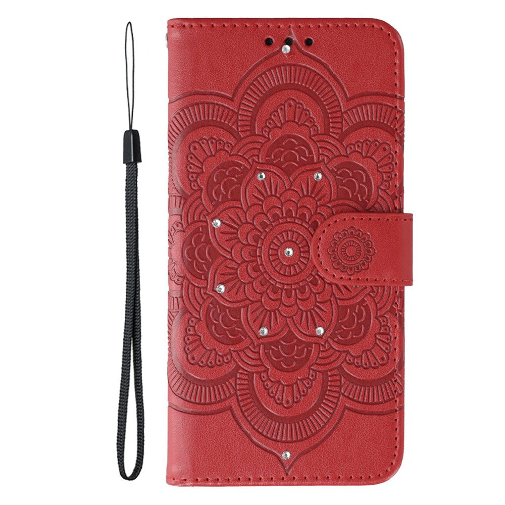 For Motorola Edge 70 5G Case Rhinestone Decor PU Leather Mandala Imprint Phone Cover with Wrist Strap - Red