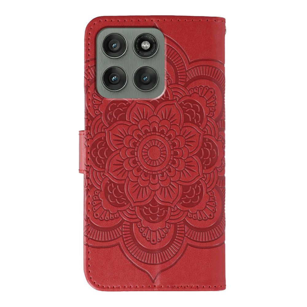 For Motorola Edge 70 5G Case Rhinestone Decor PU Leather Mandala Imprint Phone Cover with Wrist Strap - Red