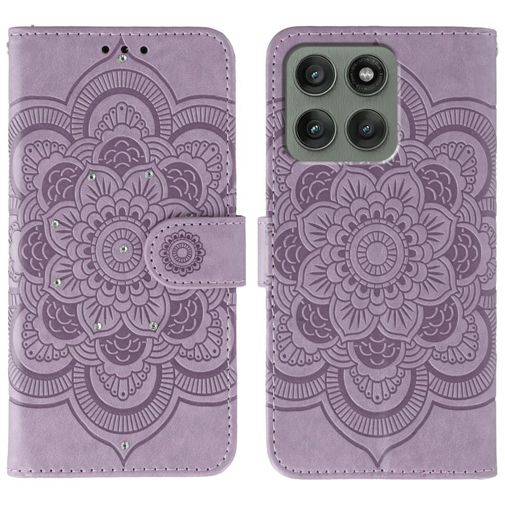 For Motorola Edge 70 5G Case Rhinestone Decor PU Leather Mandala Imprint Phone Cover with Wrist Strap - Purple