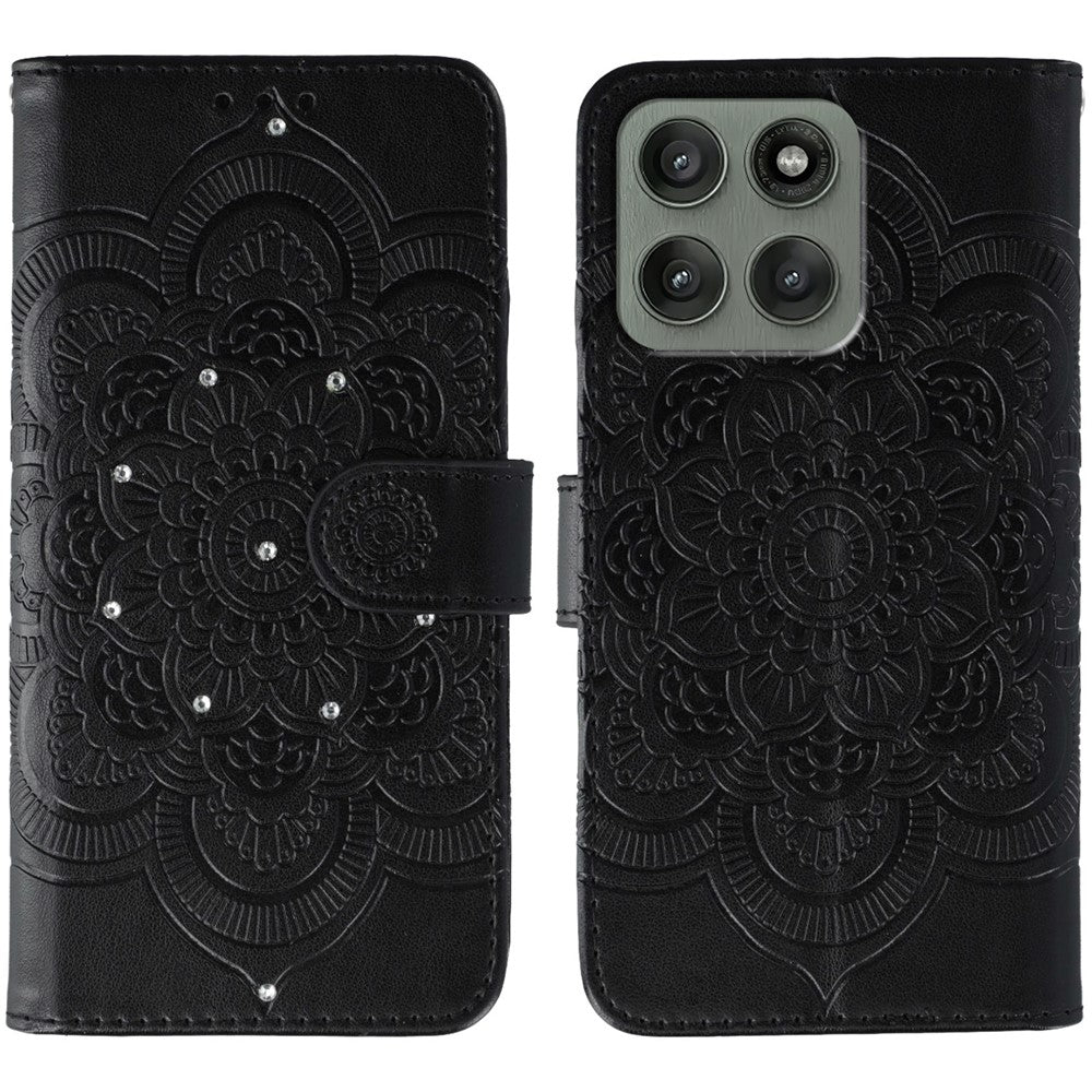 For Motorola Edge 70 5G Case Rhinestone Decor PU Leather Mandala Imprint Phone Cover with Wrist Strap - Black