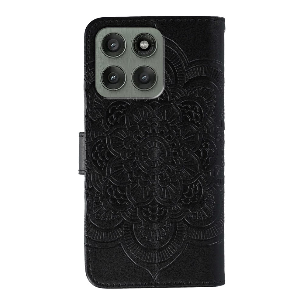 For Motorola Edge 70 5G Case Rhinestone Decor PU Leather Mandala Imprint Phone Cover with Wrist Strap - Black