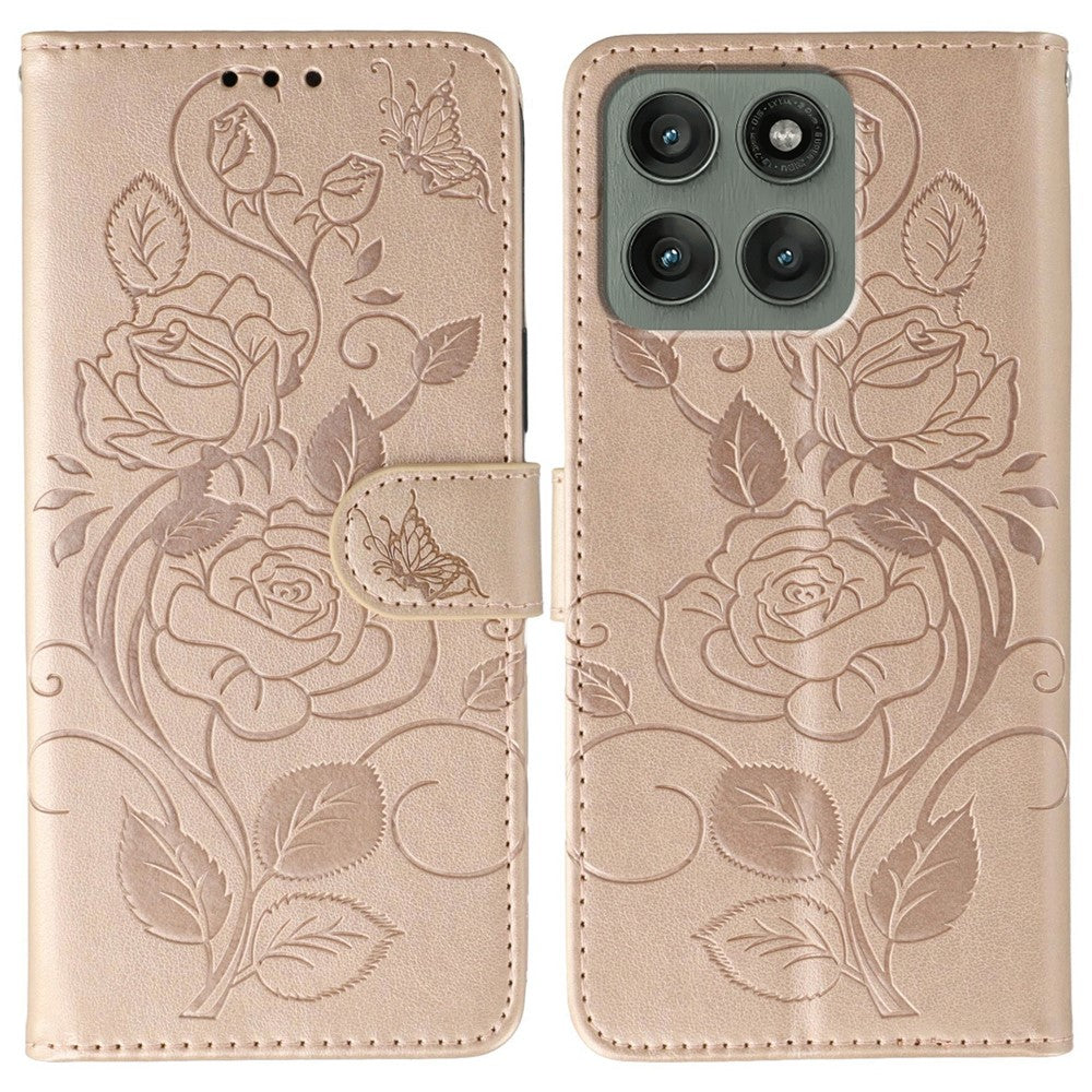 For Motorola Edge 70 5G Case Wallet Stand Imprinted Rose Butterfly PU Leather Phone Cover - Rose Gold