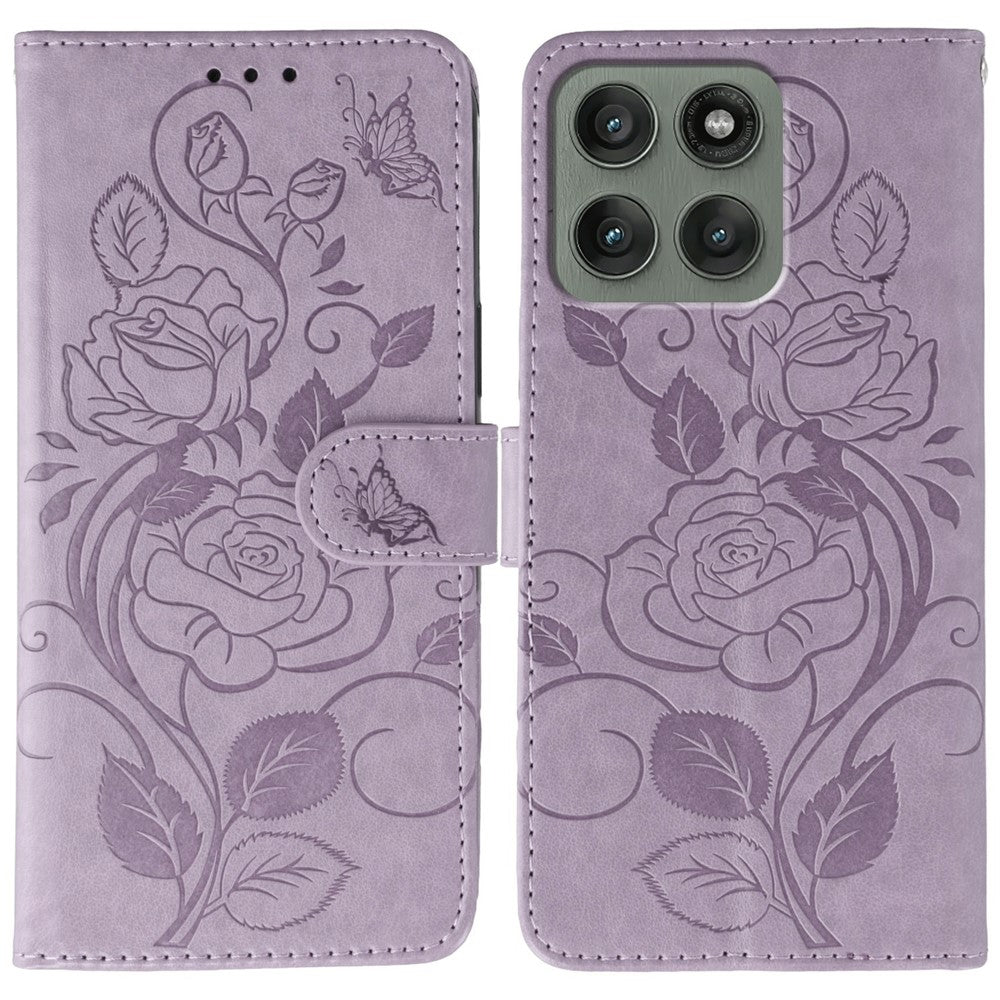 For Motorola Edge 70 5G Case Wallet Stand Imprinted Rose Butterfly PU Leather Phone Cover - Purple