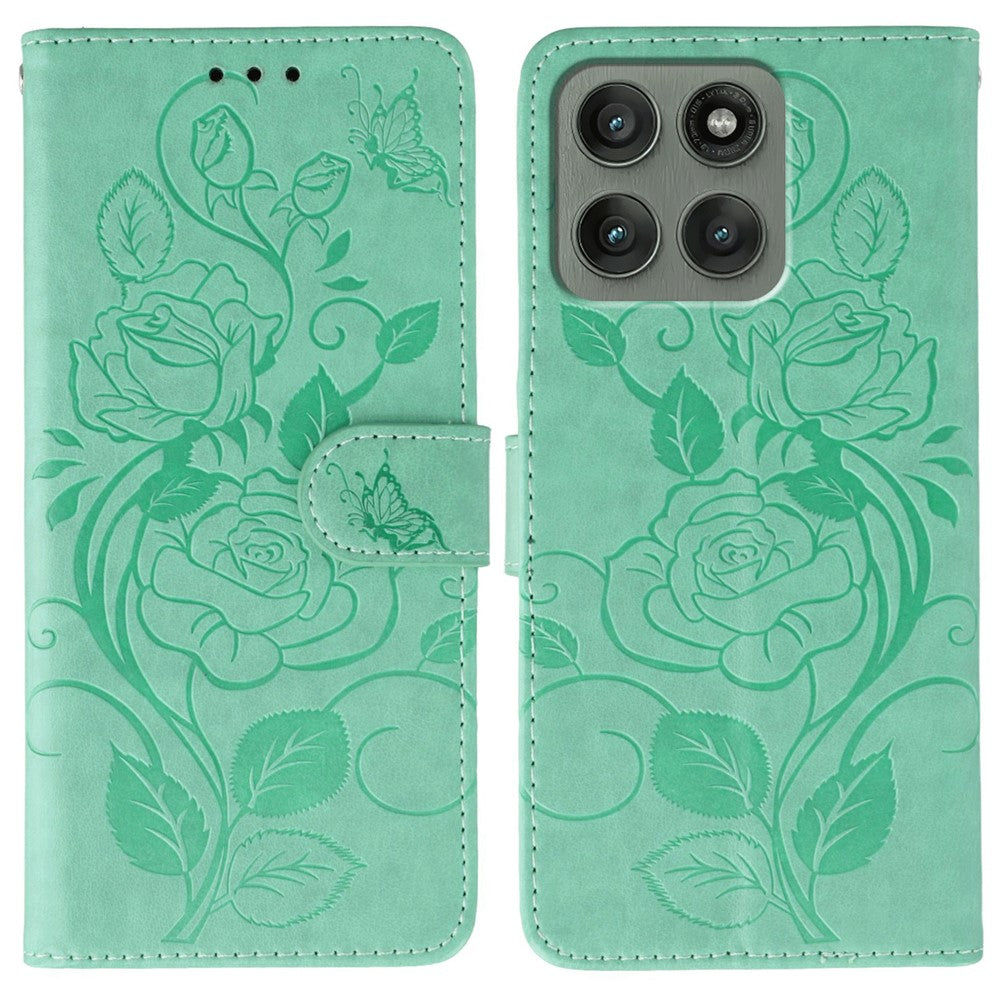 For Motorola Edge 70 5G Case Wallet Stand Imprinted Rose Butterfly PU Leather Phone Cover - Green