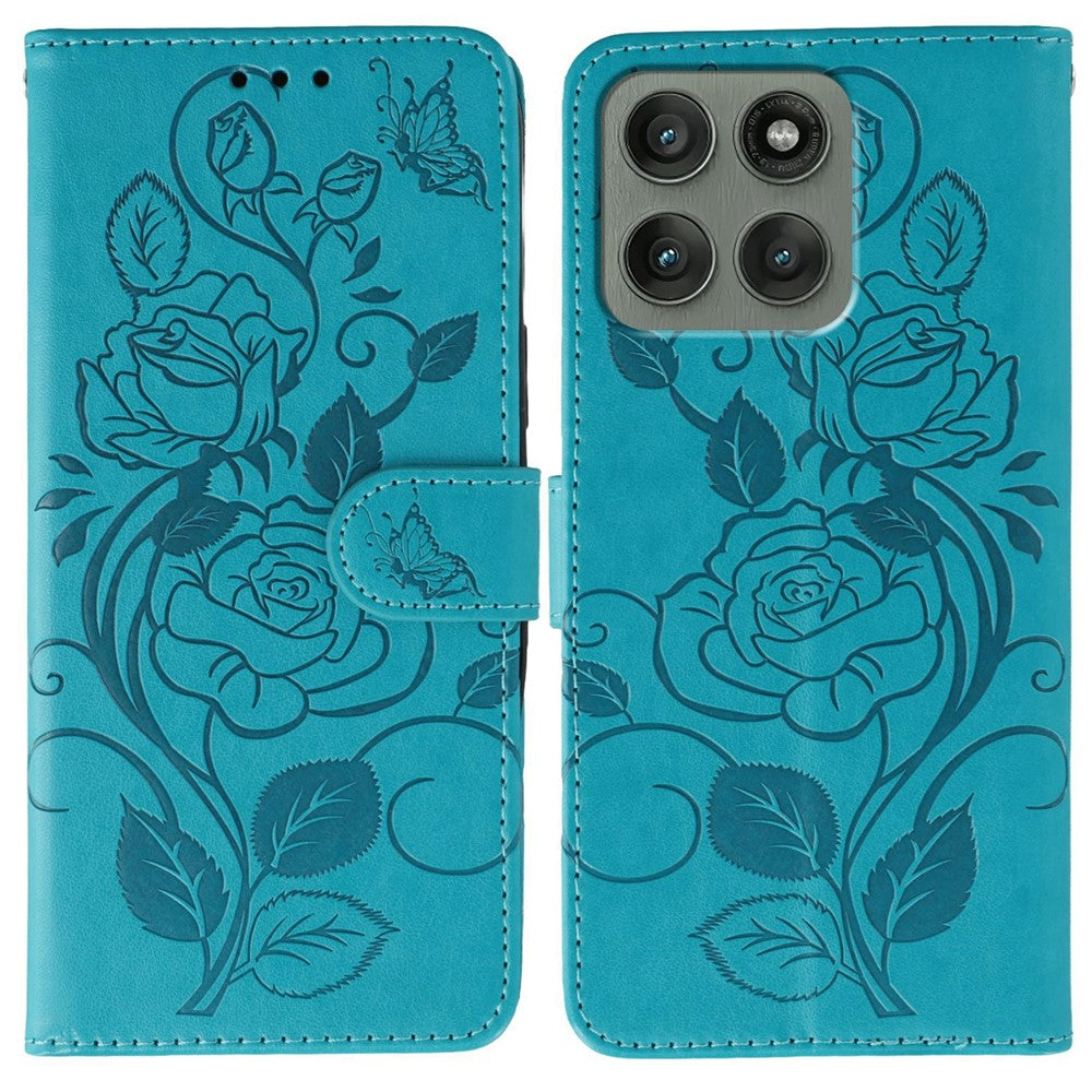 For Motorola Edge 70 5G Case Wallet Stand Imprinted Rose Butterfly PU Leather Phone Cover - Blue