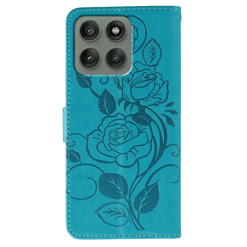 For Motorola Edge 70 5G Case Wallet Stand Imprinted Rose Butterfly PU Leather Phone Cover - Blue