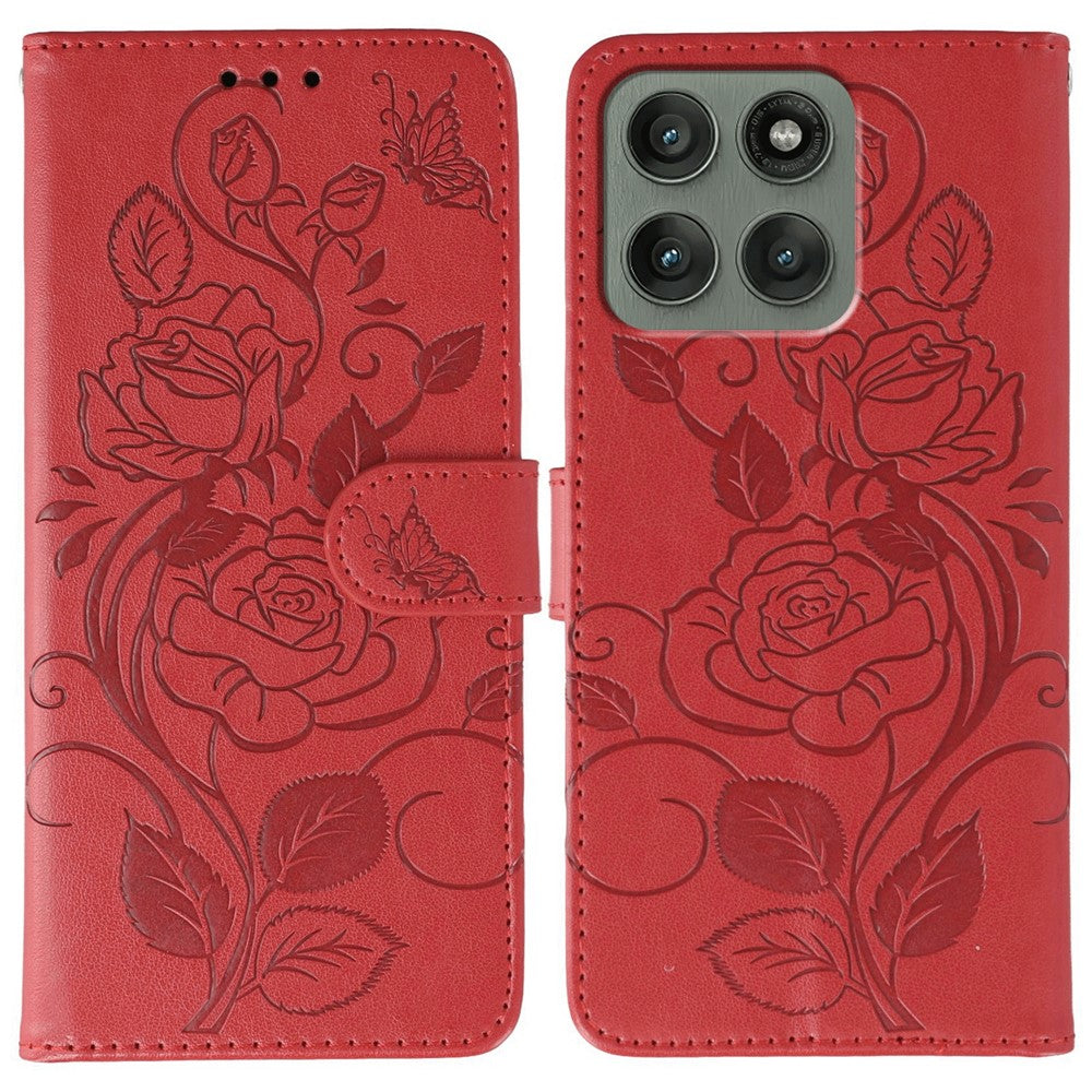 For Motorola Edge 70 5G Case Wallet Stand Imprinted Rose Butterfly PU Leather Phone Cover - Red