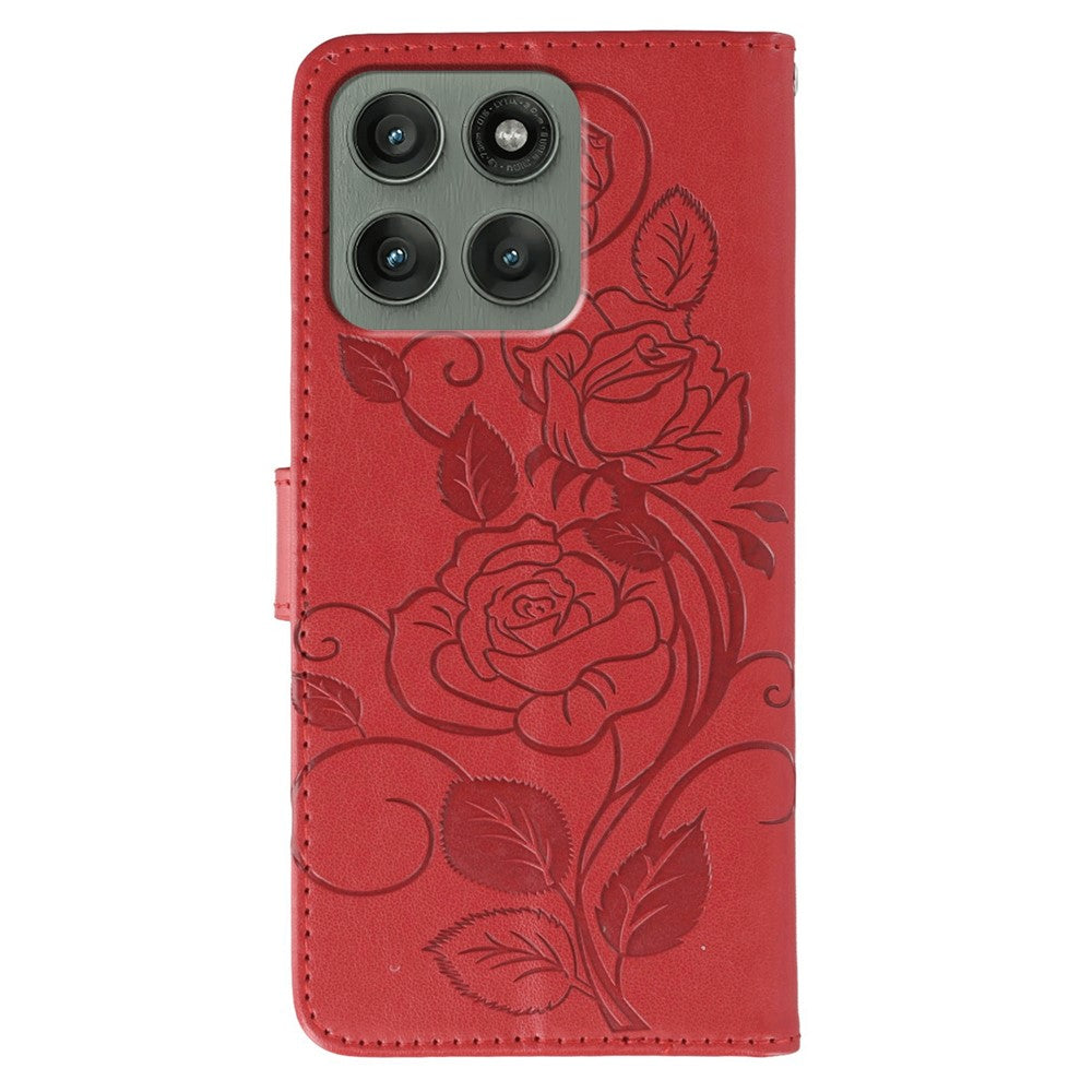 For Motorola Edge 70 5G Case Wallet Stand Imprinted Rose Butterfly PU Leather Phone Cover - Red