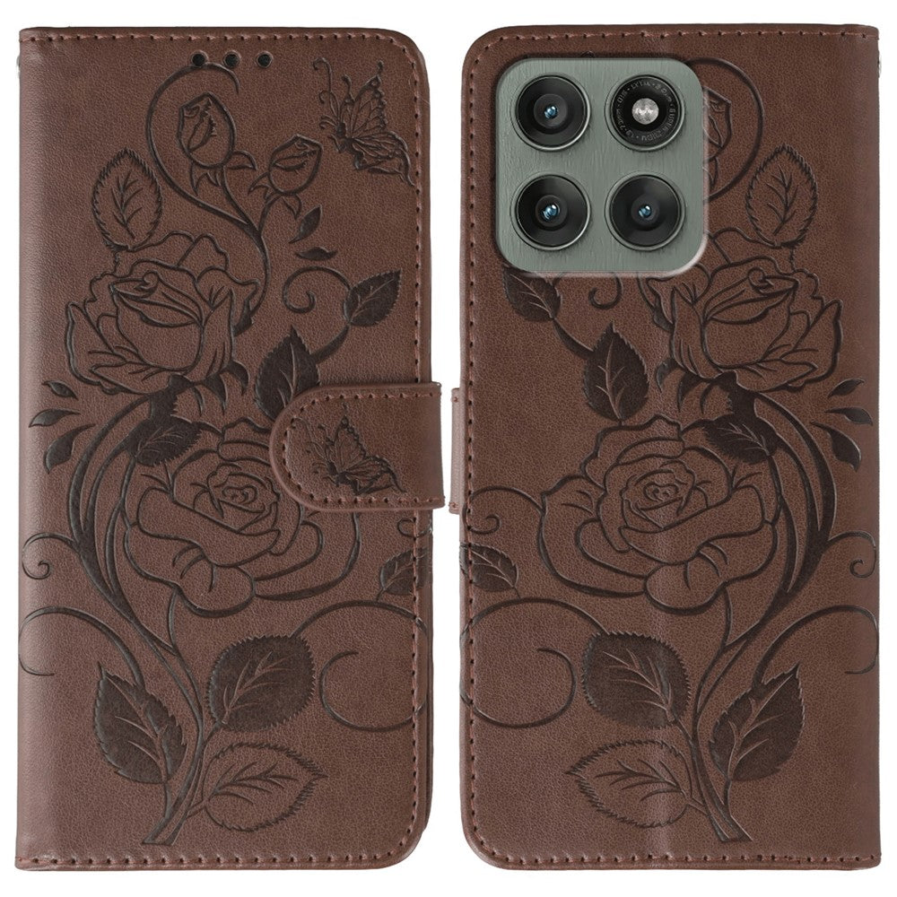 For Motorola Edge 70 5G Case Wallet Stand Imprinted Rose Butterfly PU Leather Phone Cover - Brown