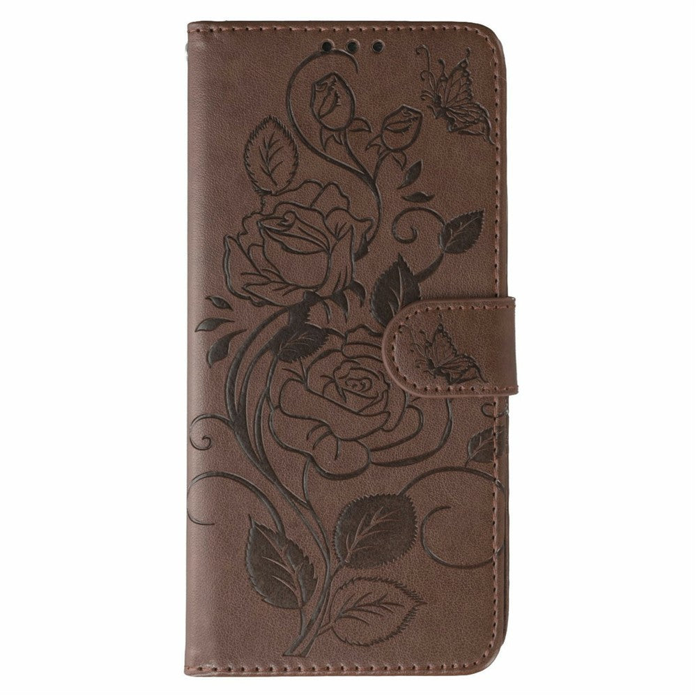 For Motorola Edge 70 5G Case Wallet Stand Imprinted Rose Butterfly PU Leather Phone Cover - Brown