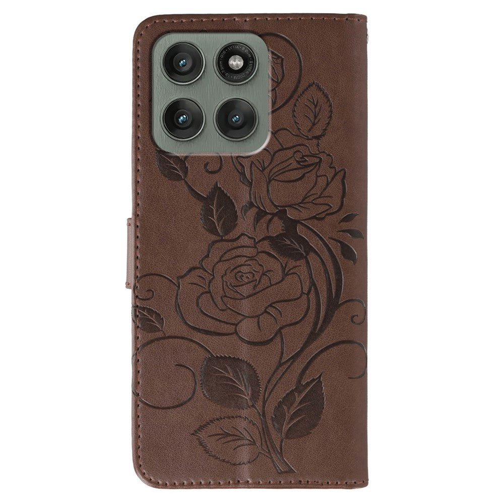 For Motorola Edge 70 5G Case Wallet Stand Imprinted Rose Butterfly PU Leather Phone Cover - Brown