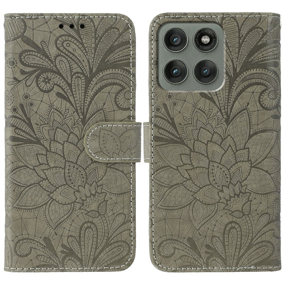 For Motorola Edge 70 5G Case Lace Flowers PU Leather Flip Wallet Phone Cover - Grey